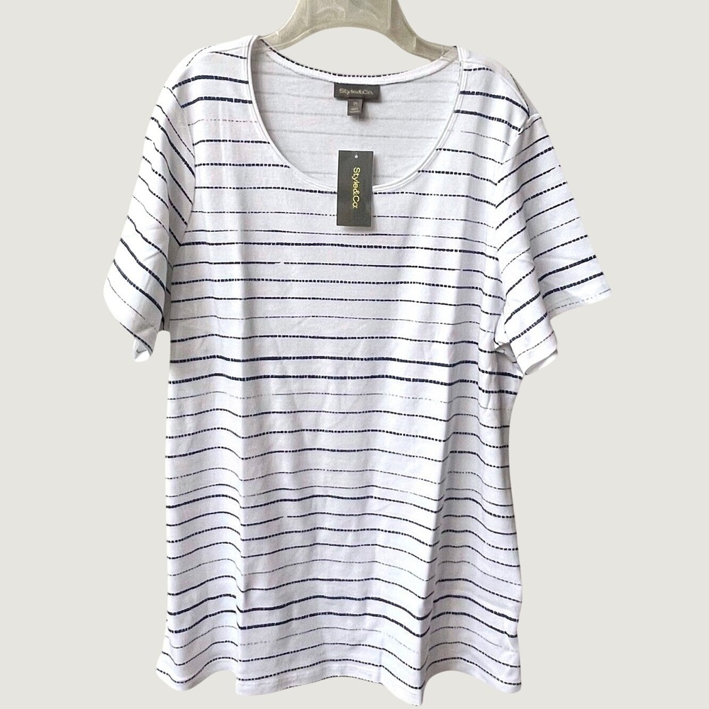 Style & Co Short Sleeve Scoop Neck Stripe Top Womens 2X White Blue Relaxed Fit